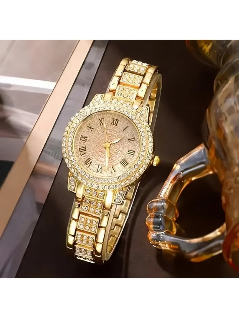 Women's Gold Full Diamond Bling Rhinestone Quartz Crystal Ladies Wrist Watches